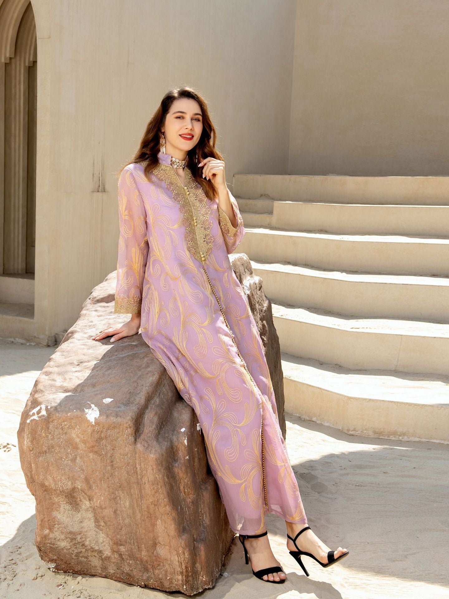 Enchanting Middle East langry fashion swing dress with lavender lace, gold embroidery, and high heels