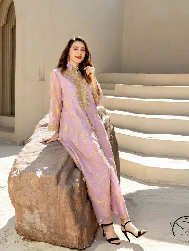 Enchanting Middle East langry fashion dress with lavender lace, gold embroidery, and high heels