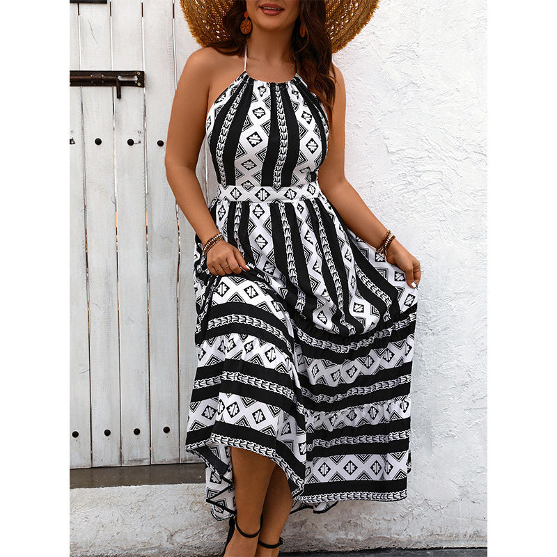 Black and white patterned halter maxi dress from Vacation Bare Back Maxi Dress collection, stylish fashion