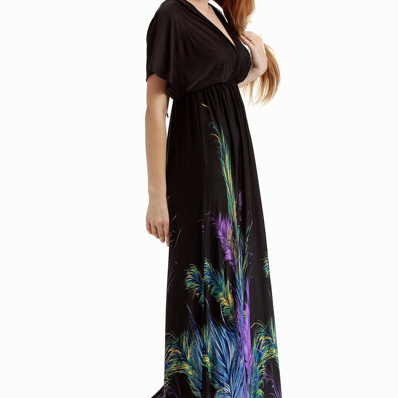 Black maxi dress with colorful feather print, perfect for holiday beach fashion and ملابس