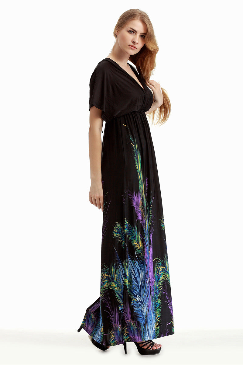 Black maxi dress with colorful feather print, perfect for holiday beach fashion and ملابس