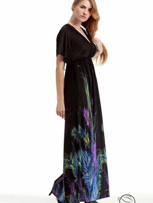 Holiday beach dress with black maxi style and colorful feather print