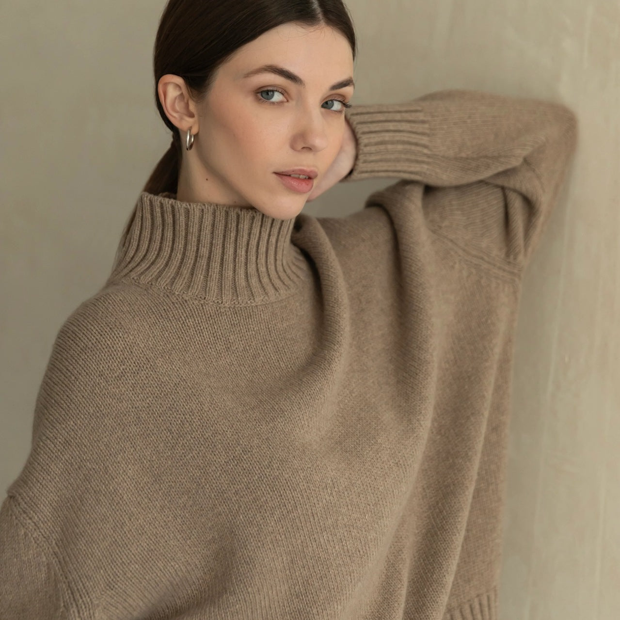 Beige oversized Langry winter loose knitwear sweater with ribbed high neckline