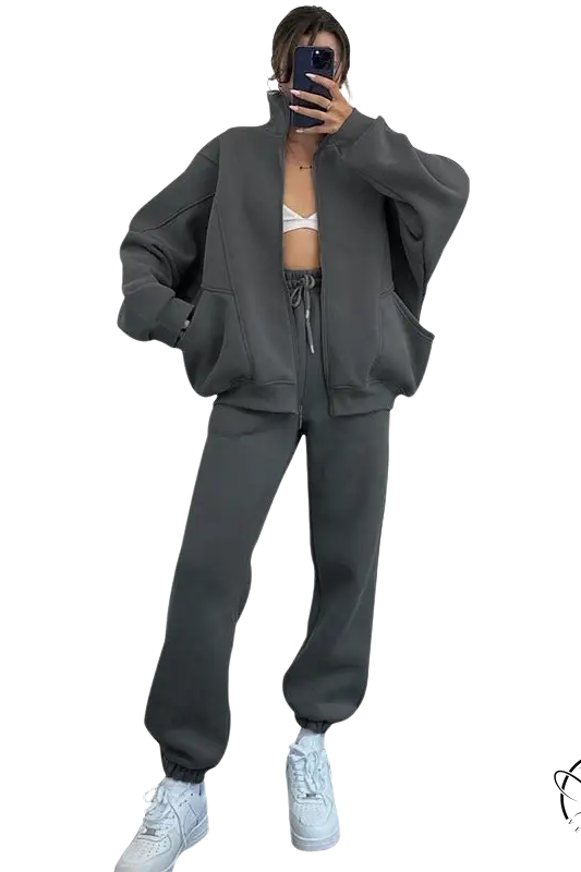 Dark gray comfy stand collar cardigan sweater suit with joggers