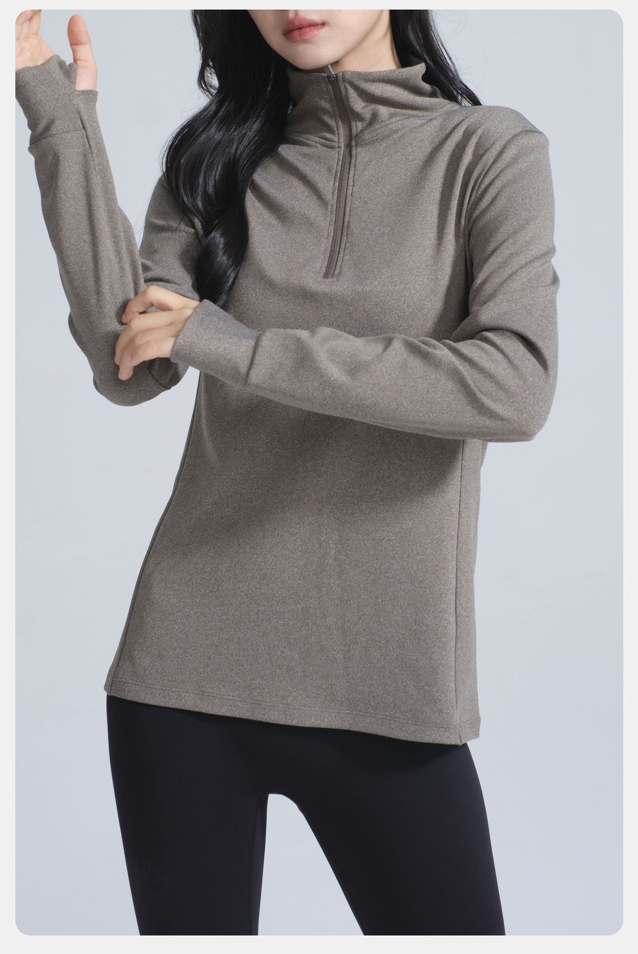 Winter Thermal Velvet Long Sleeved Yoga Jacket in taupe or olive-brown for stylish ملابس