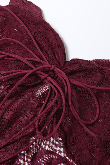 Burgundy lace bra with bow detail in elegant slim fit tube top dress fashion