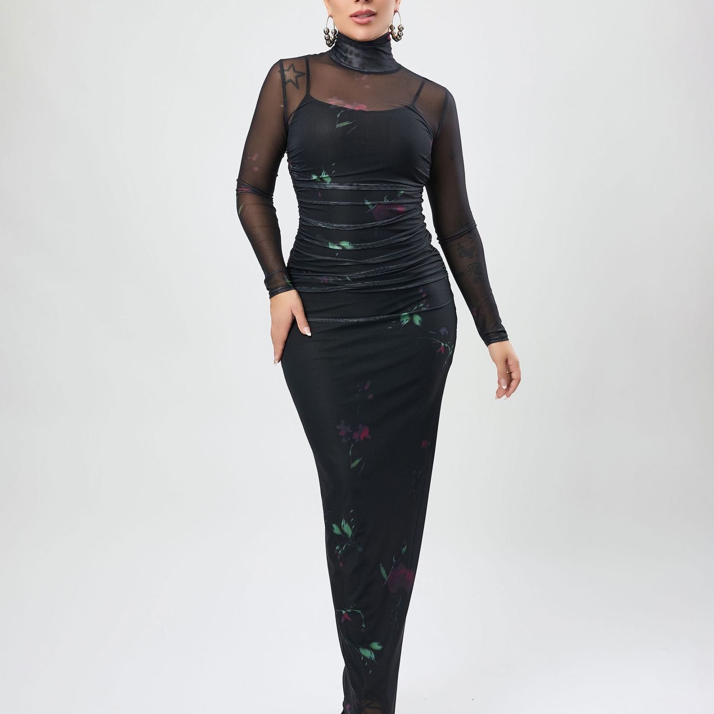 Elegant black floral mesh maxi dress from Langry Fashion, stylish two-piece design