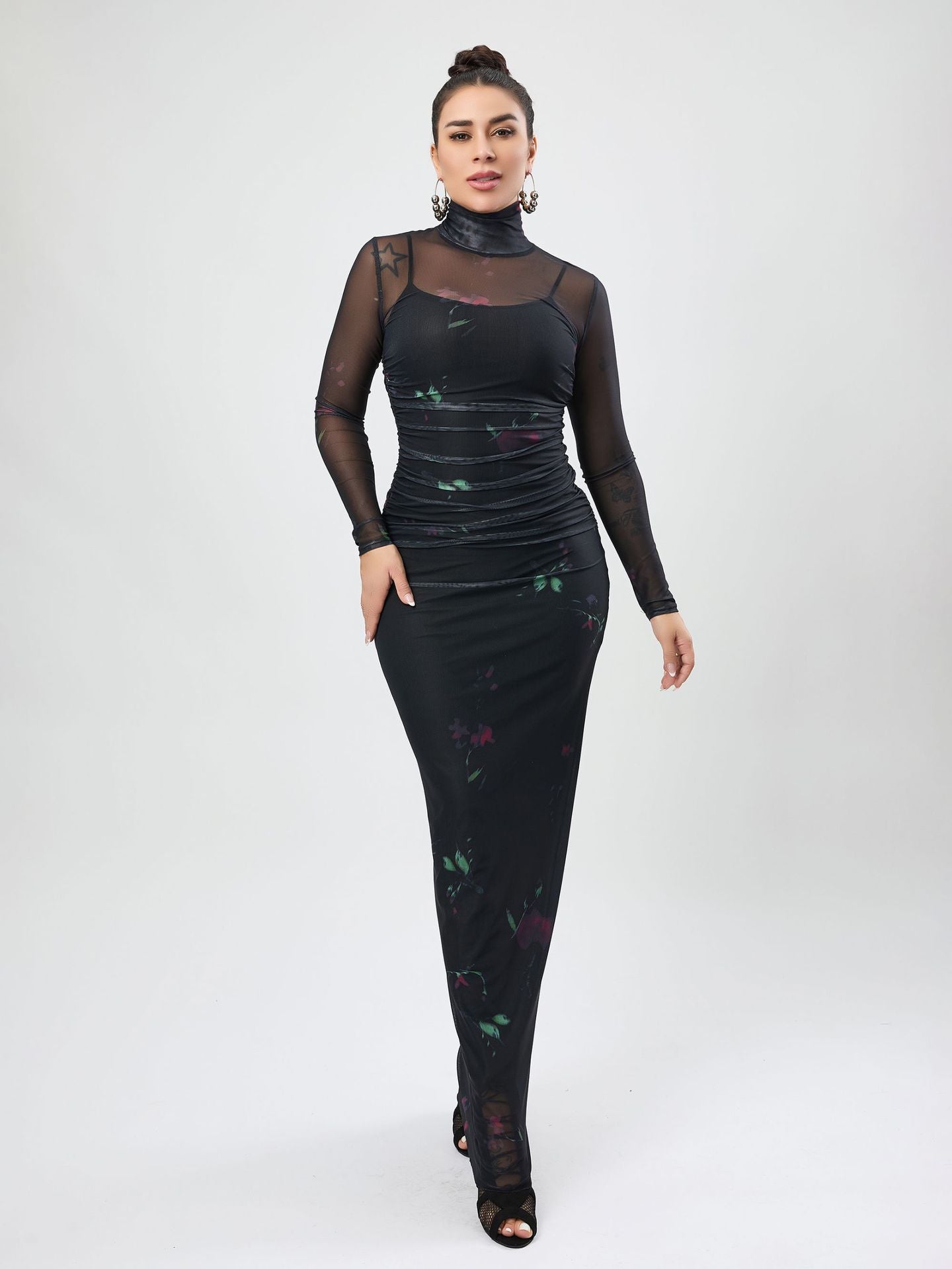 Elegant black floral mesh maxi dress from Langry Fashion, stylish two-piece design