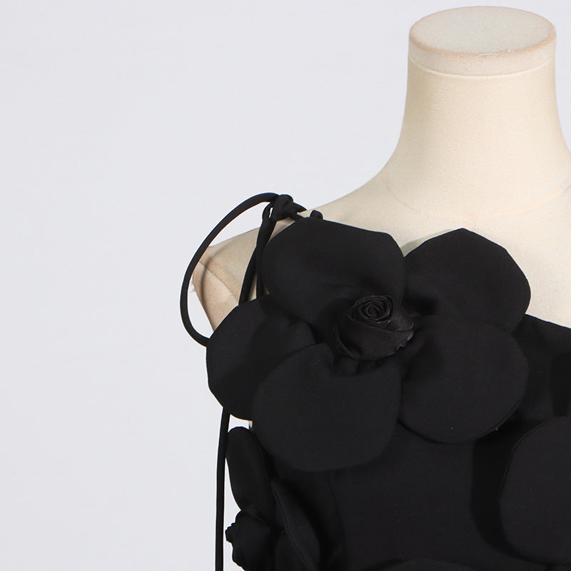 Elegant black floral dress on mannequin showcasing French Floral Splicing Design fashion