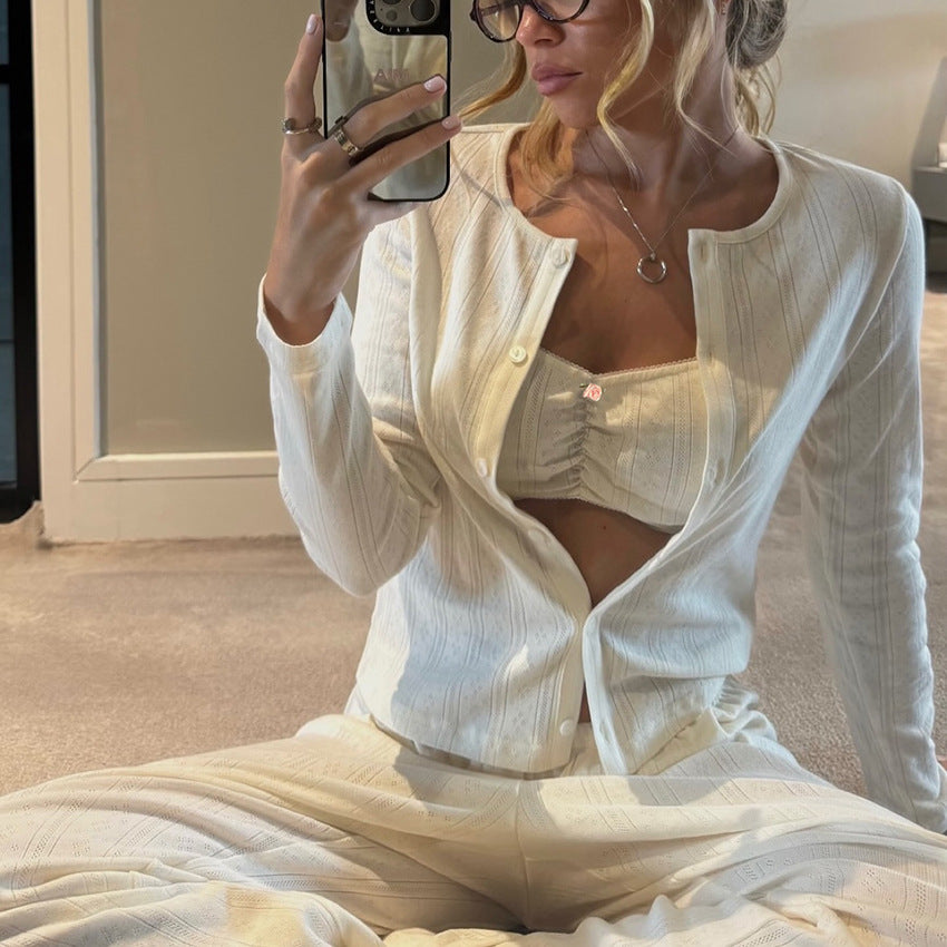 Cream-colored ribbed Langry fashion cardigan in knitted jacquard pajamas set