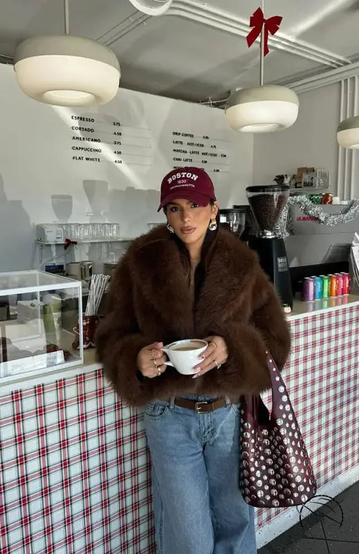 Gorgeous faux fur fox jacket in brown with red cap and polka dot bag