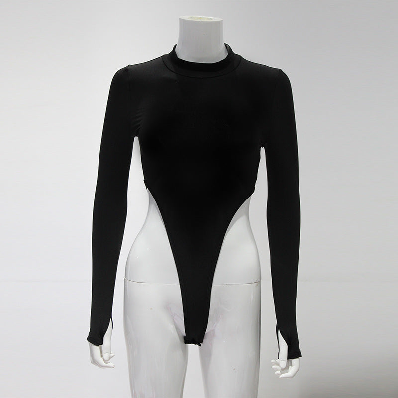 Black long-sleeve high-cut thong bodysuit with mock neck in solid color hollow cutout design