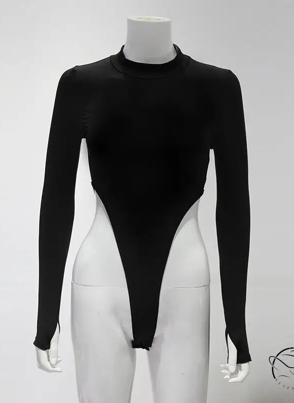 Black solid color hollow cutout cropped tight long-sleeve bodysuit