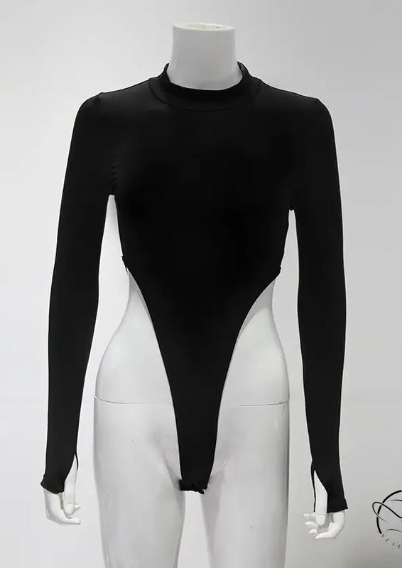 Black solid color hollow cutout cropped tight long-sleeve bodysuit