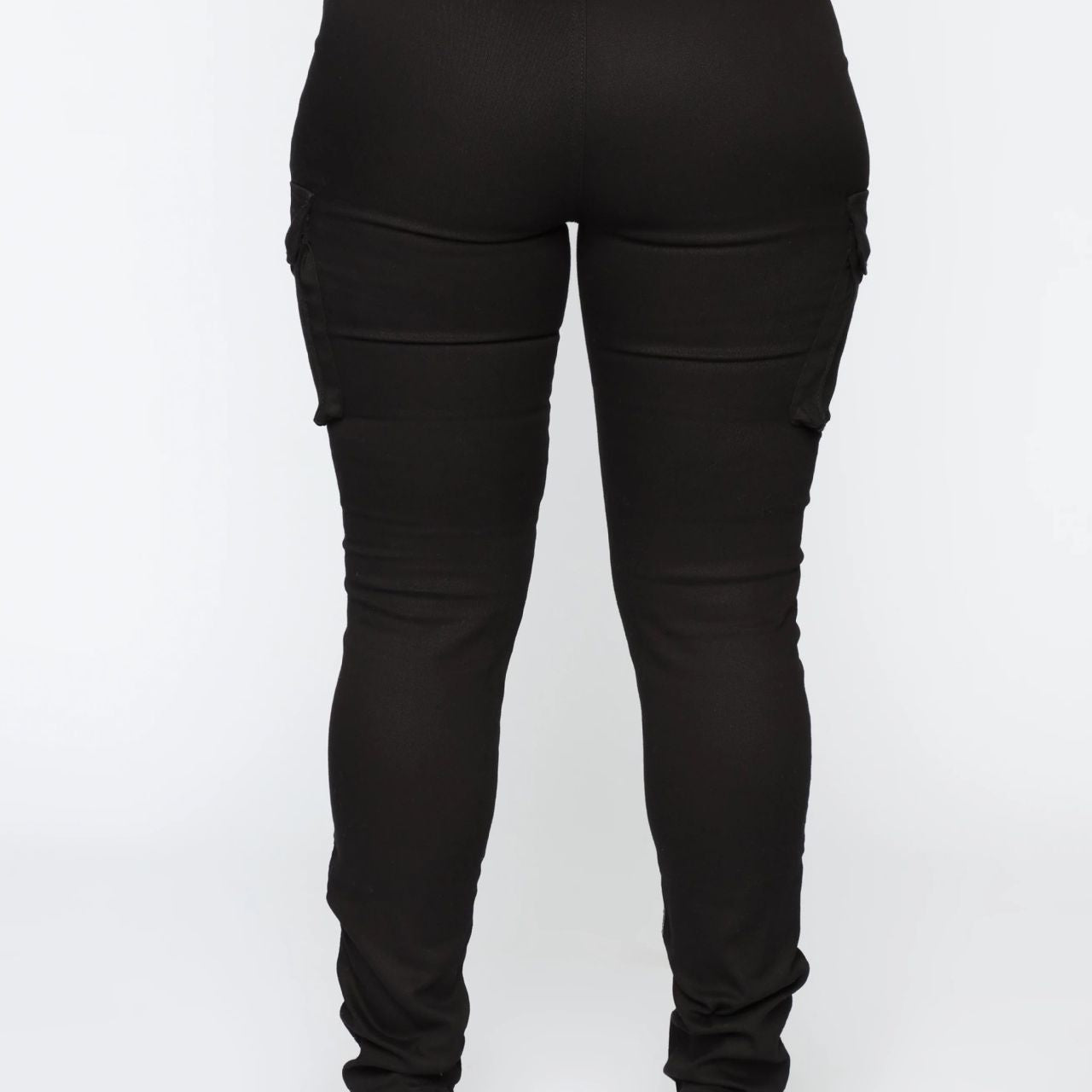 Black high-waisted cargo pants with casual skinny stretch and stretch belt sports design