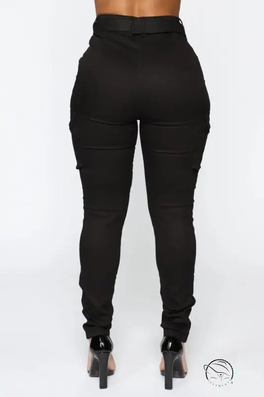 Black high-waisted cargo pants in casual skinny stretch belt sports style