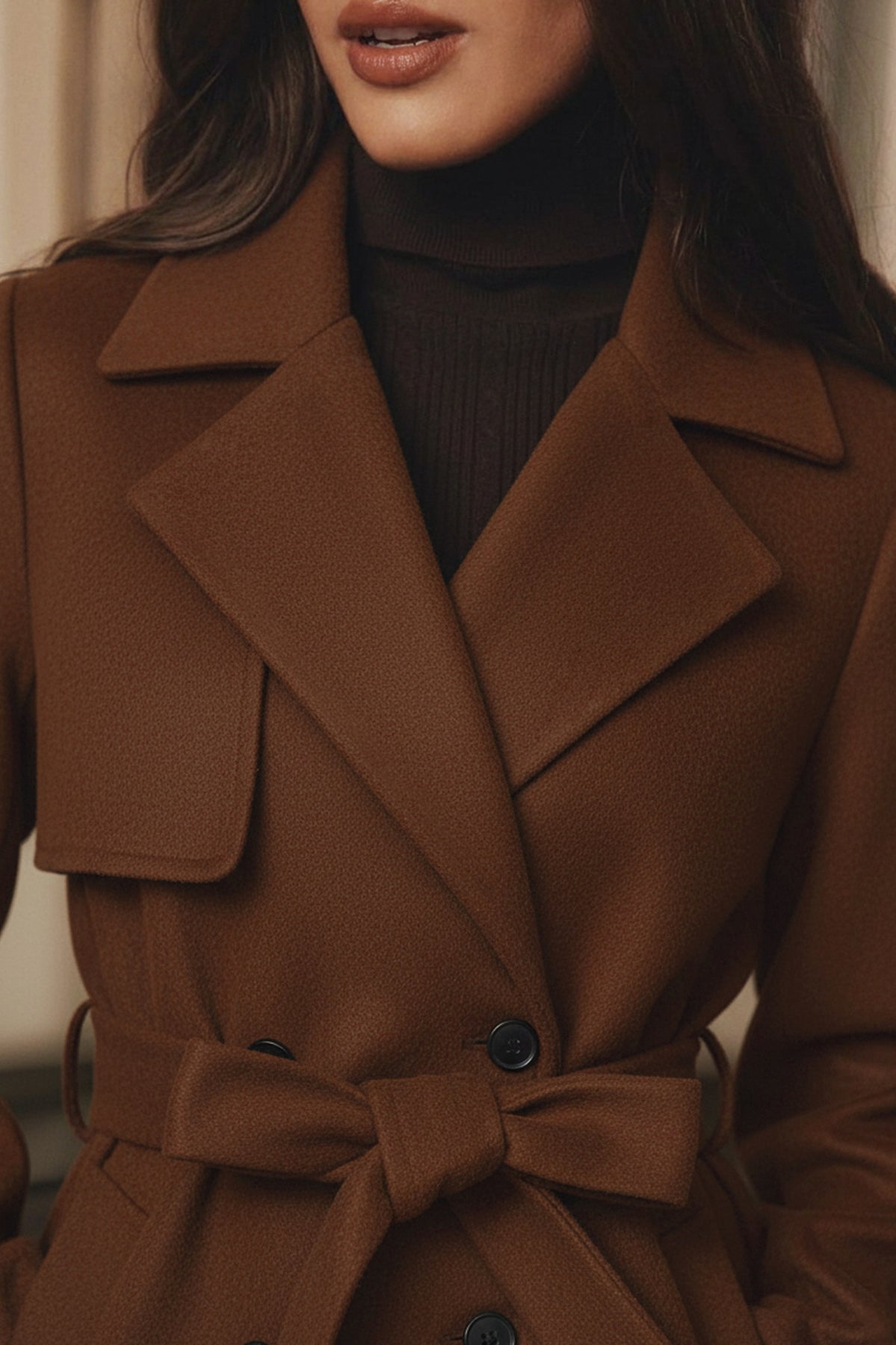 Elegant langry winter wool trench coat with belt and lapels