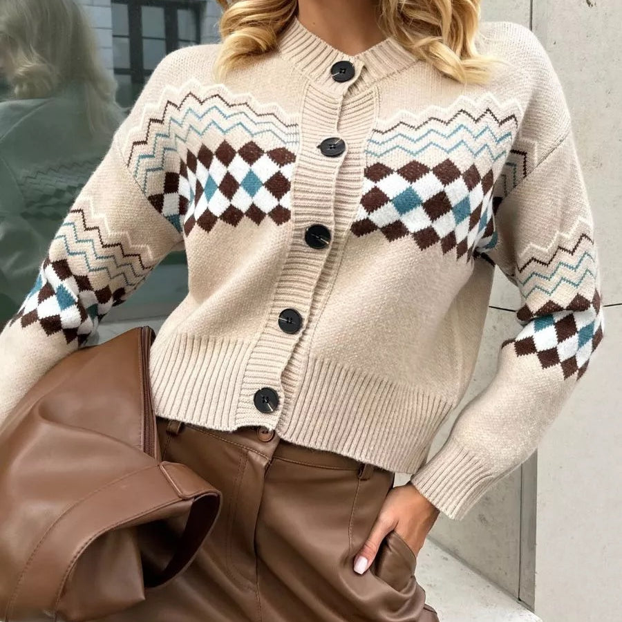 Beige patterned knit cardigan with regular sleeves from Jacquard Knitted Cardigan Sweater collection