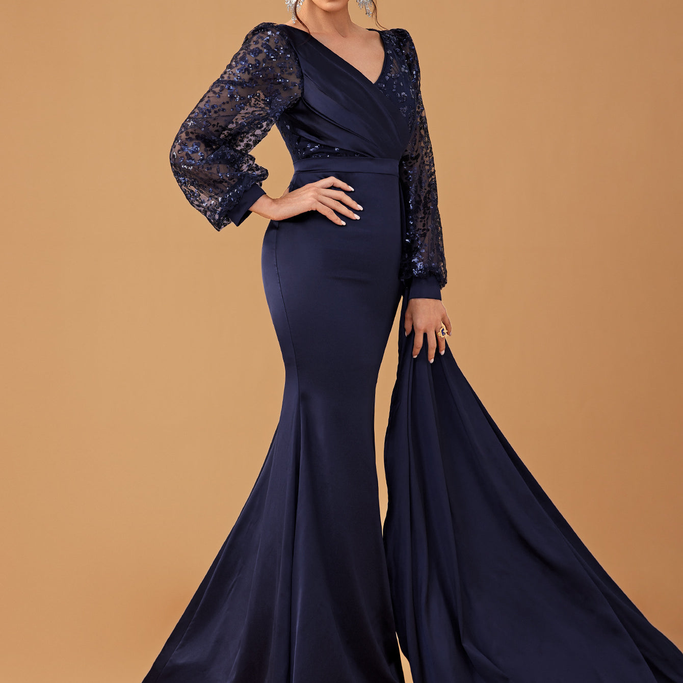Elegant navy blue evening gown showcasing sophisticated fashion design and style