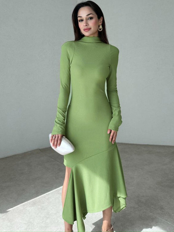 Elegant langry green high-slit turtleneck mermaid dress with asymmetrical hem in fashion ملابس