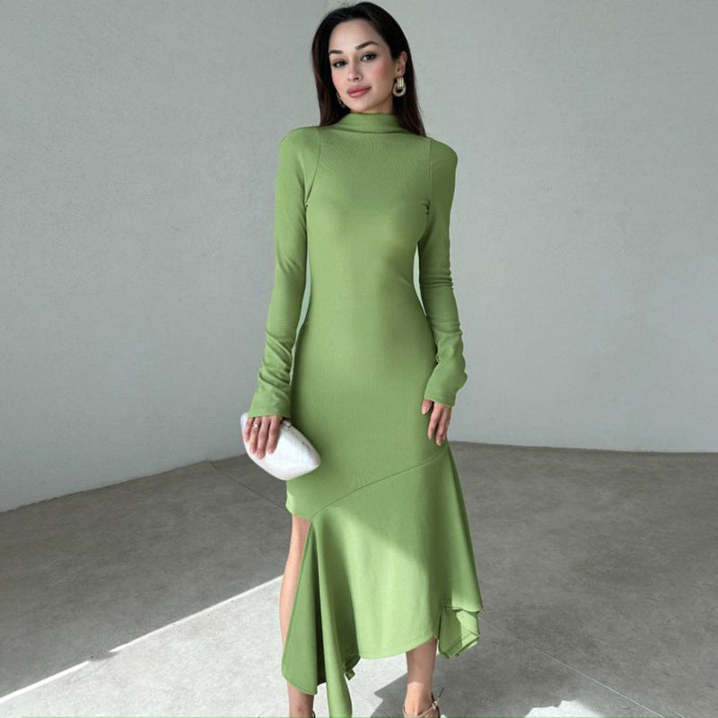 Elegant langry green high-slit turtleneck mermaid dress with asymmetrical hem in fashion ملابس