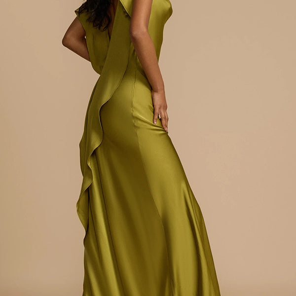 Olive green satin dress, a stunning loose gown perfect for elegant fashion occasions