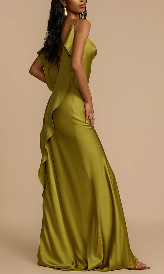 Olive green satin dress, a stunning loose gown perfect for elegant fashion occasions