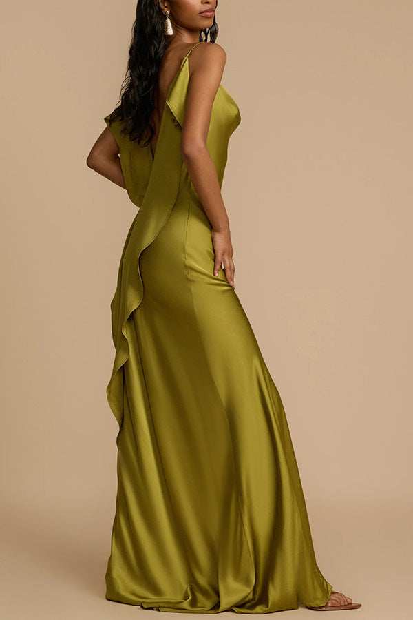 Olive green satin dress, a stunning loose gown perfect for elegant fashion occasions