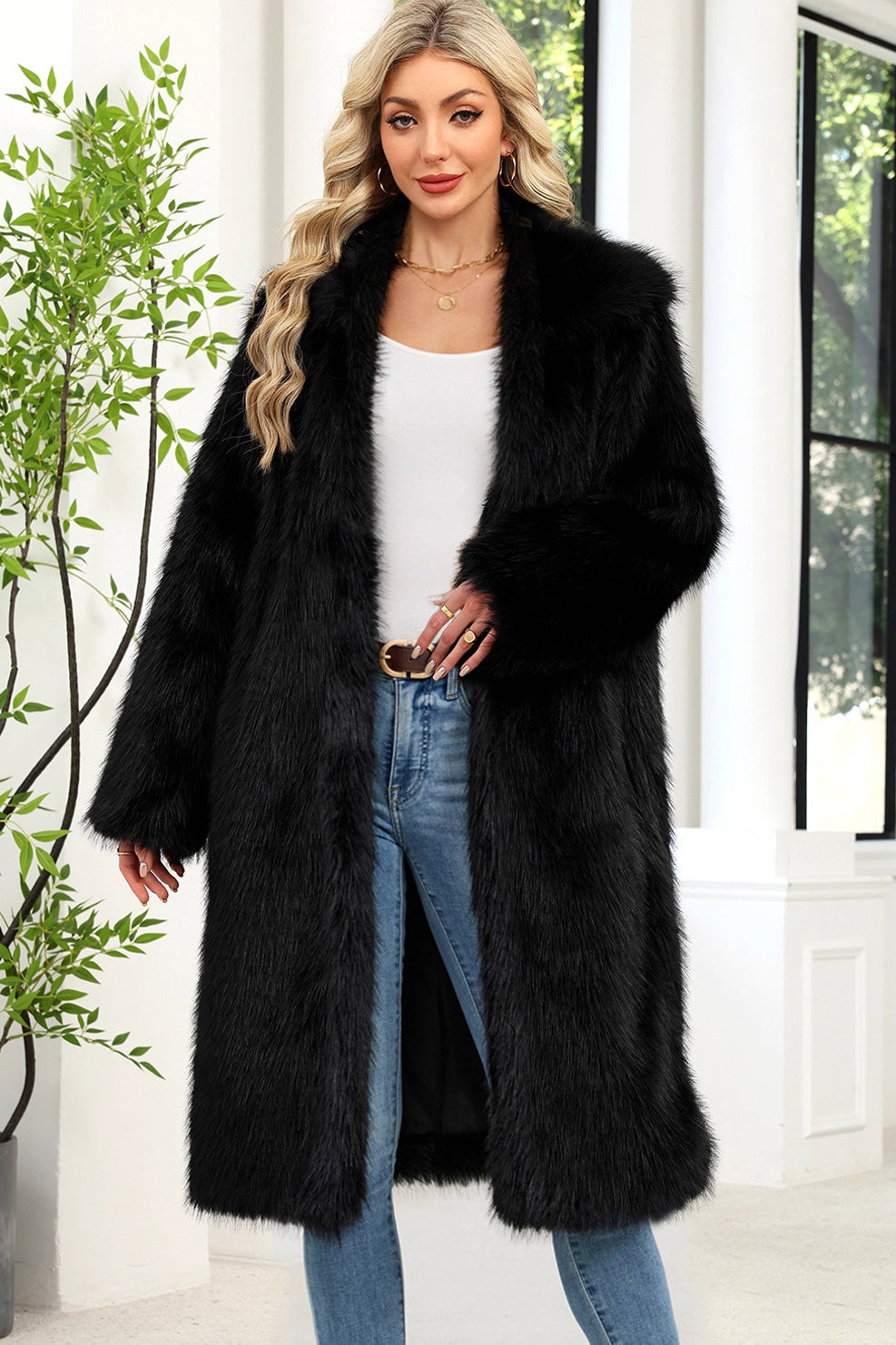 Long warm faux fur plush coat in black, plush long-length fashion design