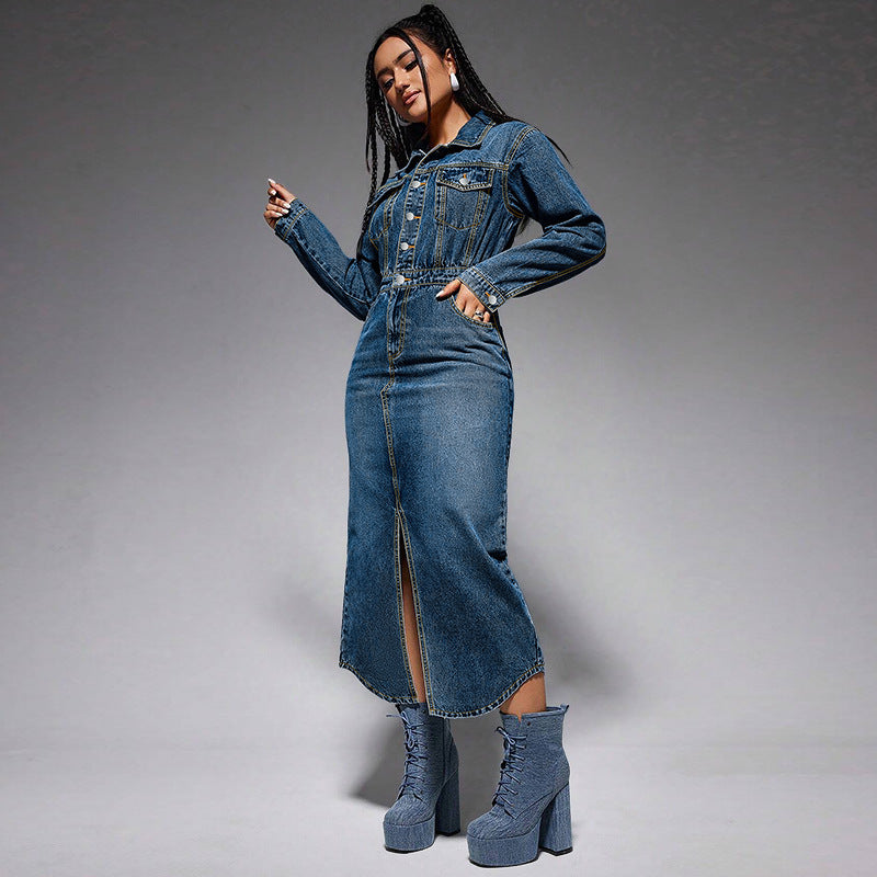 Woman wearing a stylish split denim maxi dress with front slit and platform lace-up boots