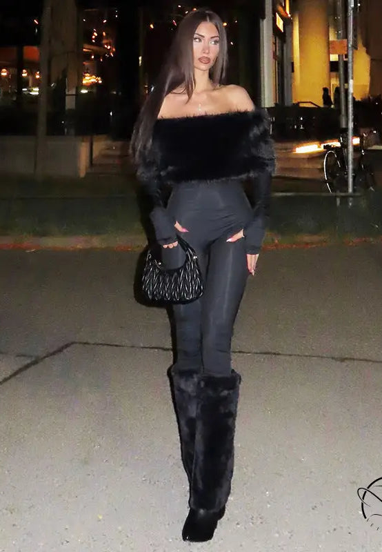 Elegant langry fashion ملابس: furry slim fit patchwork jumpsuit with jeans and boots