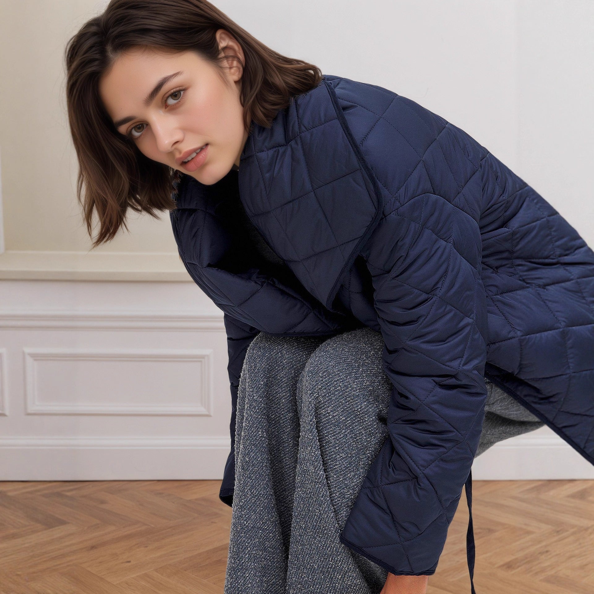 Navy blue diamond-quilted cotton padded coat with elastic cuffs
