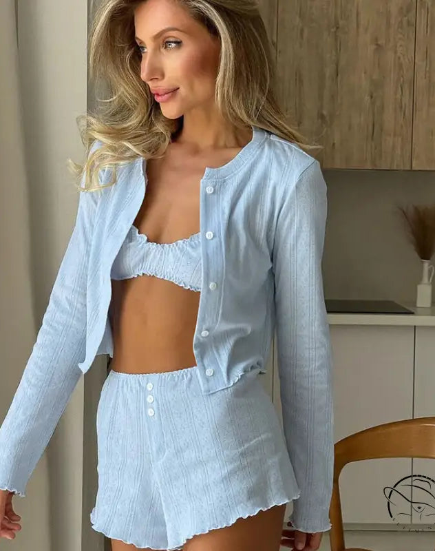 Light blue breathable long ribbed knit loungewear set with cropped cardigan