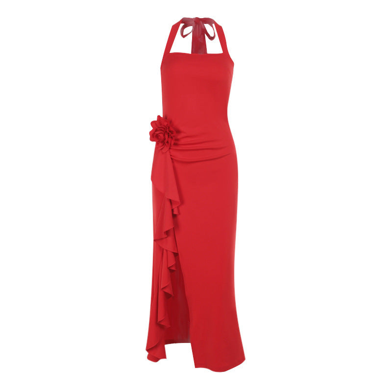 Red halter maxi dress with flower detail, perfect for elegant fashion outfits and ملابس