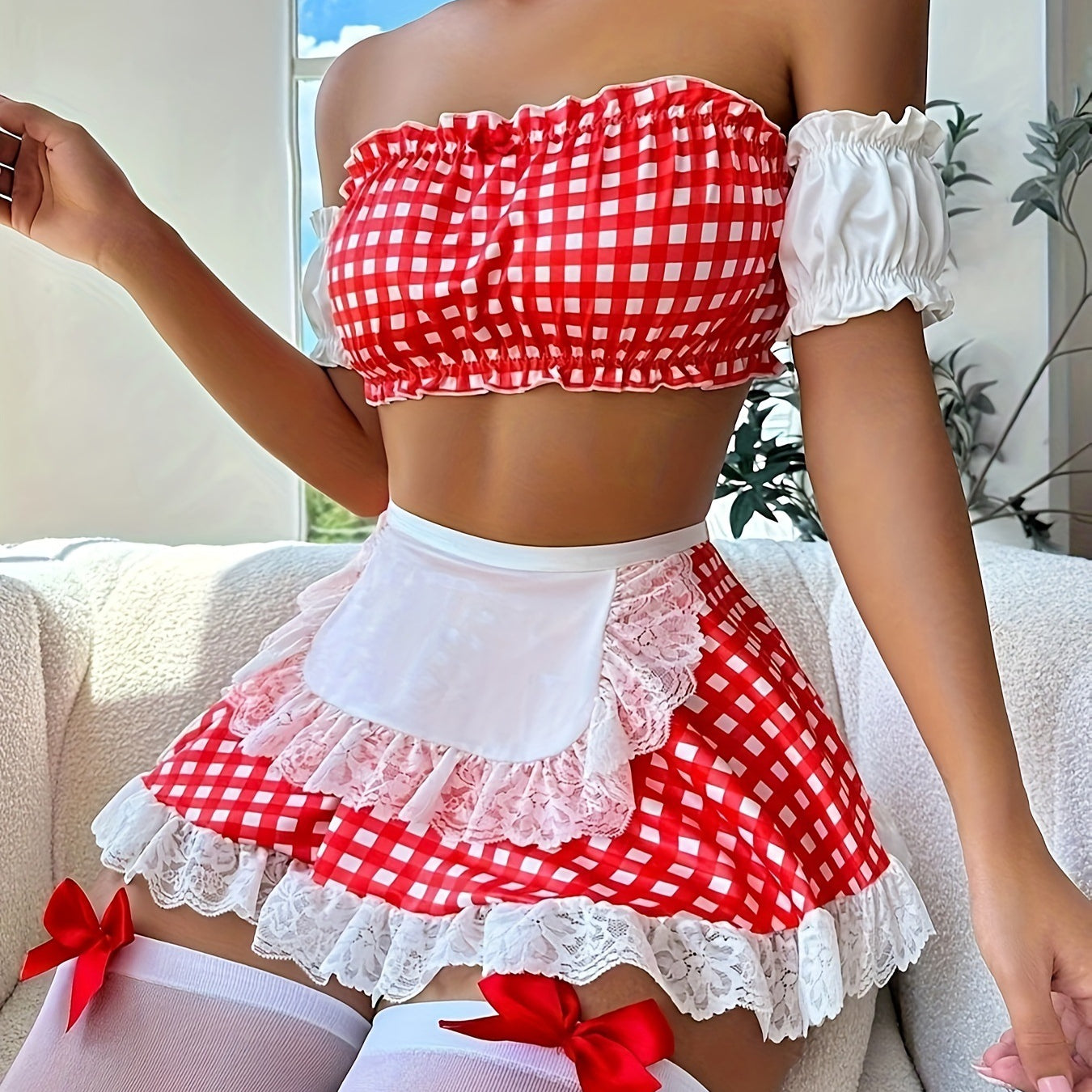 Red and white gingham lingerie suit fashion uniform maid outfit for elegant styling
