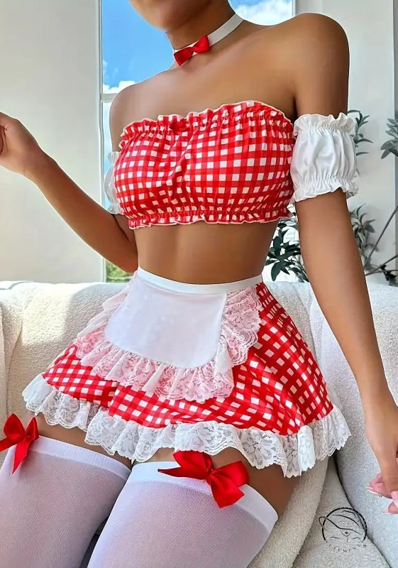 Red and white gingham lingerie suit passion uniform maid outfit
