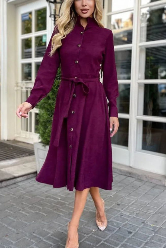 Burgundy button-down midi dress from Elegant Daily Dress, perfect for an elegant daily look