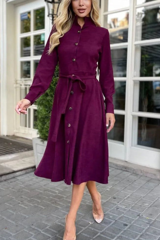 Burgundy button-down midi dress from Elegant Daily Dress, perfect for an elegant daily look