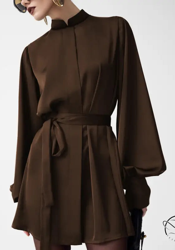 Beautiful lace up A line short dress in sleek chocolate-brown satin with high collar and voluminous sleeves