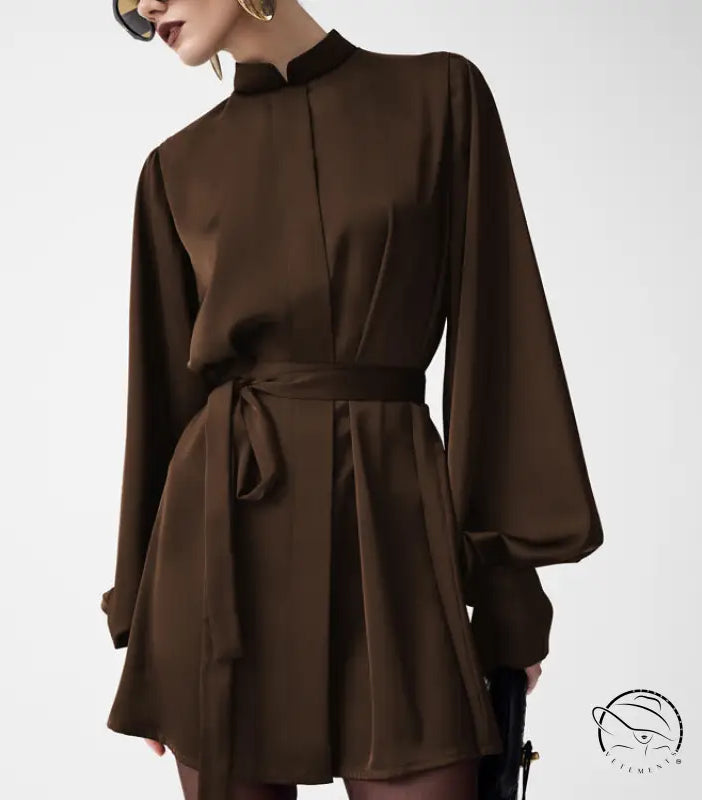 Beautiful lace up A line short dress in sleek chocolate-brown satin with high collar and voluminous sleeves