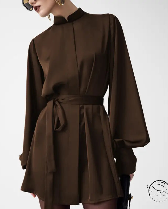 Beautiful lace up A line short dress in sleek chocolate-brown satin with high collar and voluminous sleeves