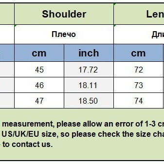 Green and white size chart for Langry faux fur fashion coat in cm and inches