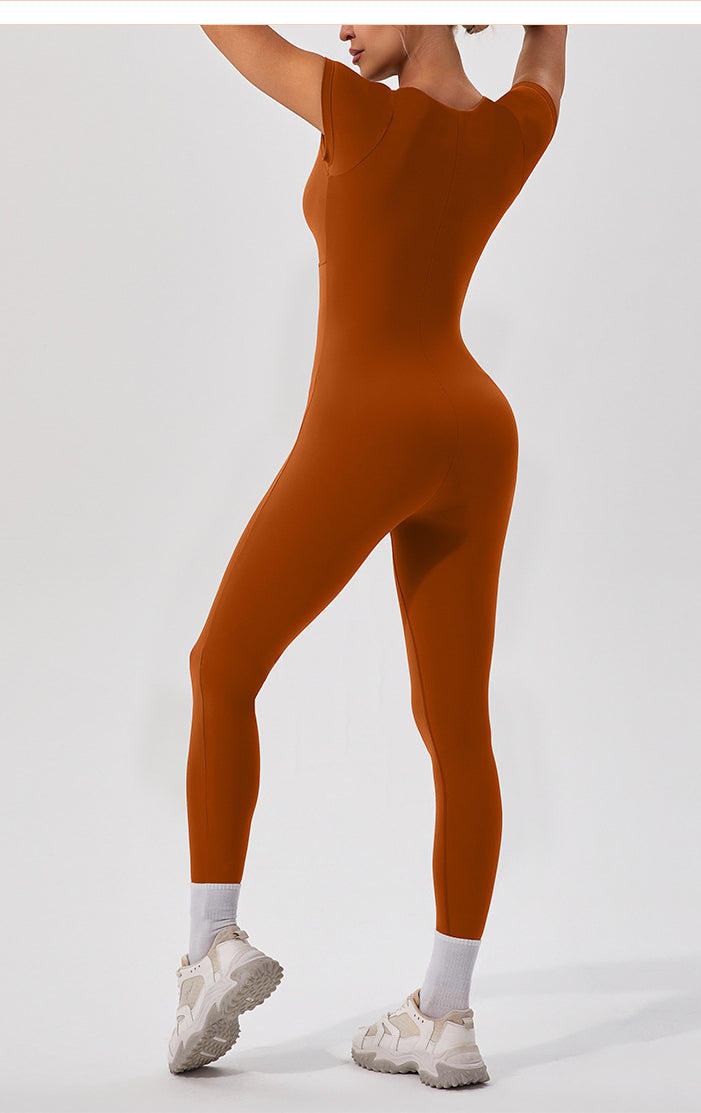Langry rust-orange yoga fitness one-piece bodysuit in form-fitting fashion ملابس