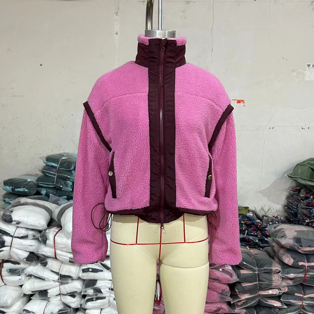 Pink fleece jacket with maroon trim in Outdoor Lambswool Cardigan Zipper Coat fashion ملابس
