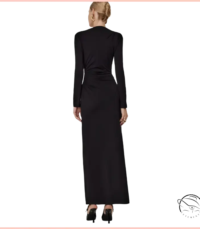 Black long-sleeved fitted maxi dress with ruched waist and high neckline