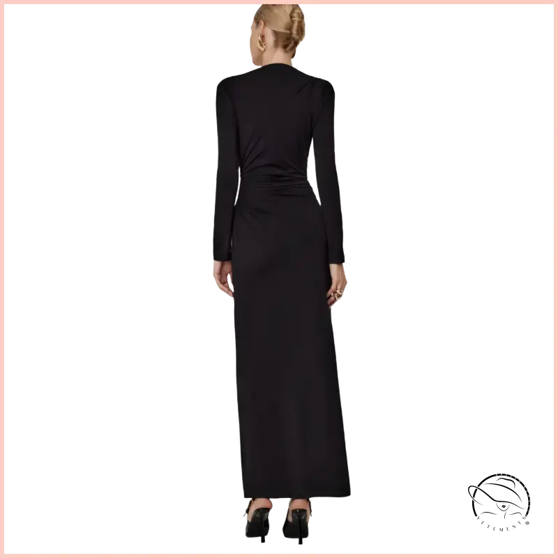 Black long-sleeved fitted maxi dress with ruched waist and high neckline