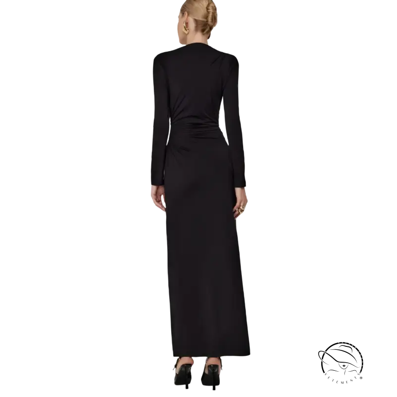 Enchanting fitted waist pleated slim black maxi dress with ruched waist