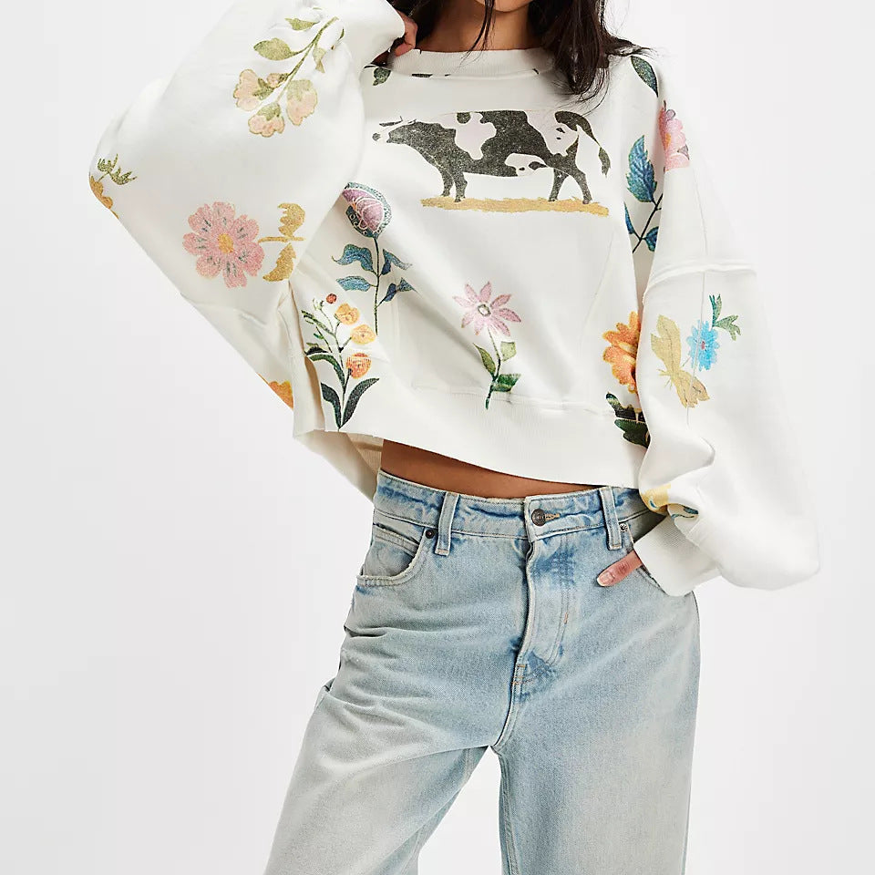 Winter Printing Loose Casual Top All Matching Hoodie