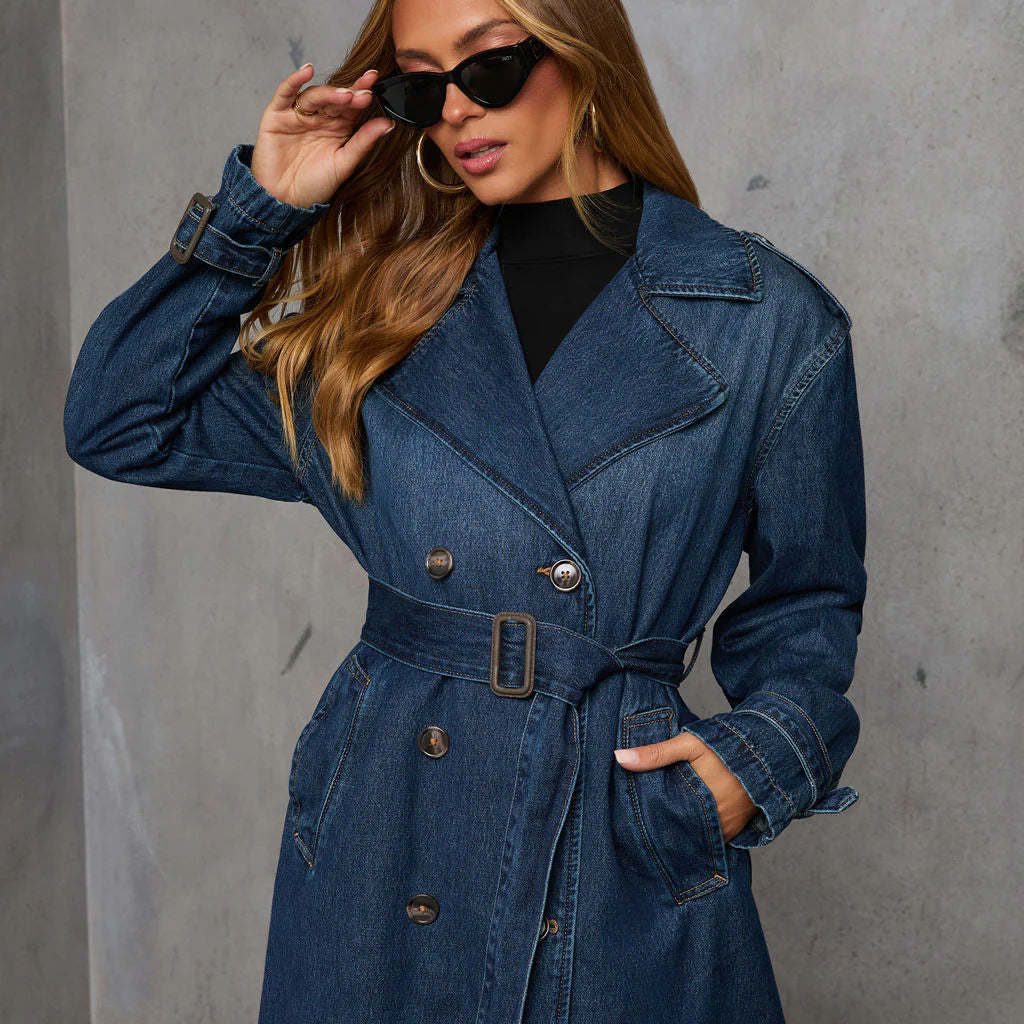 Dark wash denim trench coat with belt, Casual Retro Denim Coat for stylish casual retro look