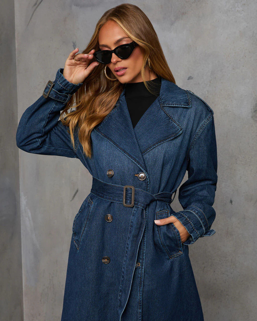 Dark wash denim trench coat with belt, Casual Retro Denim Coat for stylish casual retro look